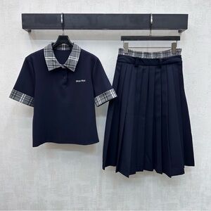 Miu Miu V-neck short-sleeved top + pleated midi skirt set